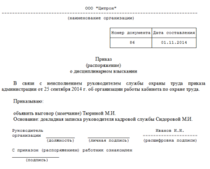 Приказ о наказании военнослужащего за нарушение увс
