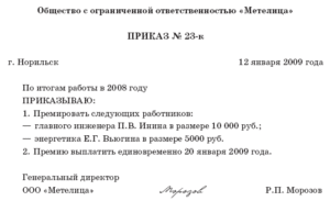 Приказ на премию за фактически отработанное время образец