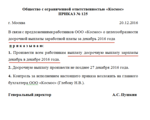 Приказ о досрочной выплате заработной платы в декабре образец