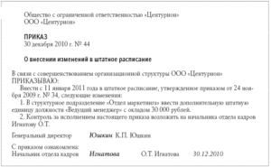 Приказ о введении новой должности в штатное расписание образец скачать